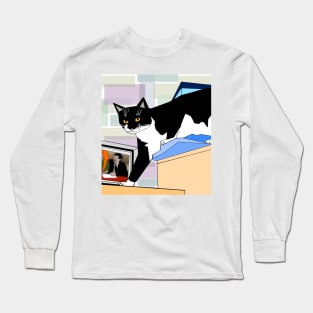 Cute Tuxedo Cat up high. You cant get me Copyright by TeAnne Long Sleeve T-Shirt